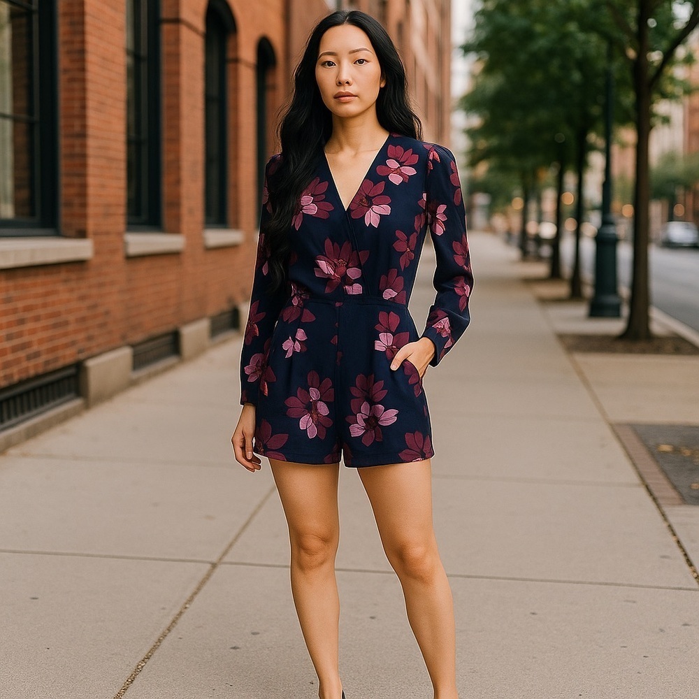 Loft | Floral Romper Navy/Purple Size 00 - Picture 2 of 5